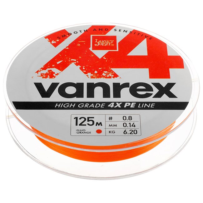 Плетенка Lucky John Vanrex X4 Fluo Orange 125м, ярко-оранжевая